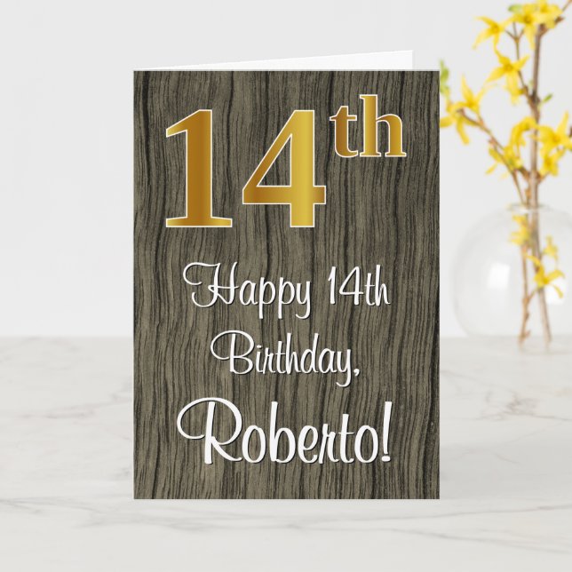 14th Birthday: Elegant Faux Gold Look #, Faux Wood Card (Yellow Flower)