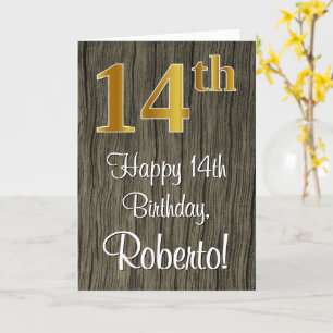 14th Birthday: Elegant Faux Gold Look #, Faux Wood Card