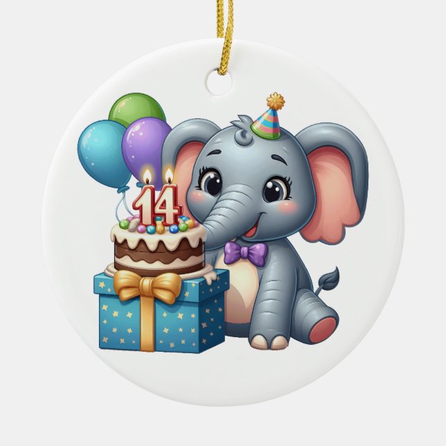 14th Birthday Elephant Ceramic Ornament (Front)