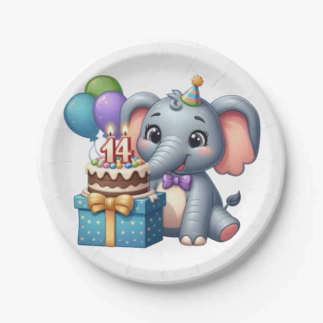 14th Birthday Elephant Paper Plate (Front)