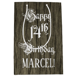 14th Birthday: Fancy, Faux Wood Look + Custom Name Medium Gift Bag