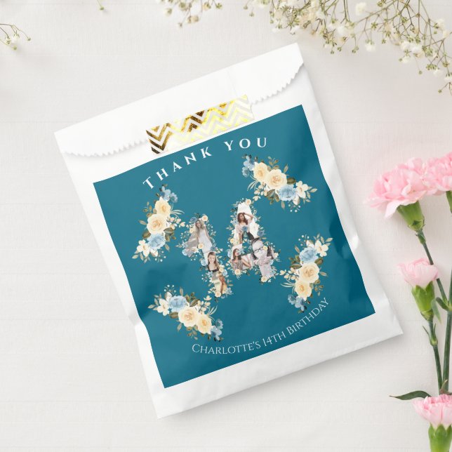 14th Birthday Flower Teal Photo Collage Yellow Favour Bag (Sealed)