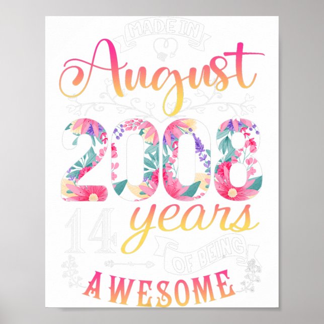 14th Birthday Flowers Gift for Girls Born in Augus Poster (Front)