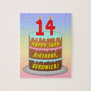14th Birthday: Fun Cake and Candles + Custom Name Jigsaw Puzzle