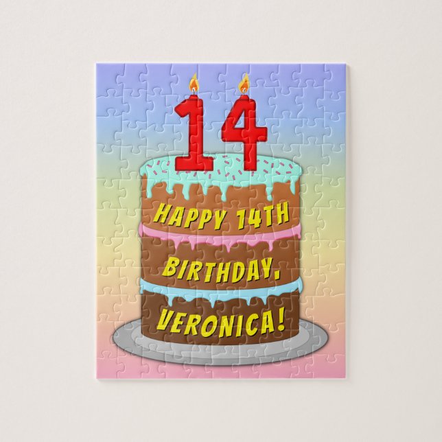 14th Birthday: Fun Cake and Candles + Custom Name Jigsaw Puzzle (Vertical)