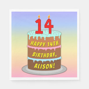 14th Birthday: Fun Cake and Candles + Custom Name Napkin