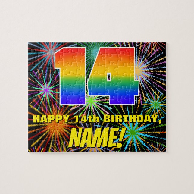 14th Birthday: Fun, Colourful Celebratory Firework Jigsaw Puzzle (Horizontal)