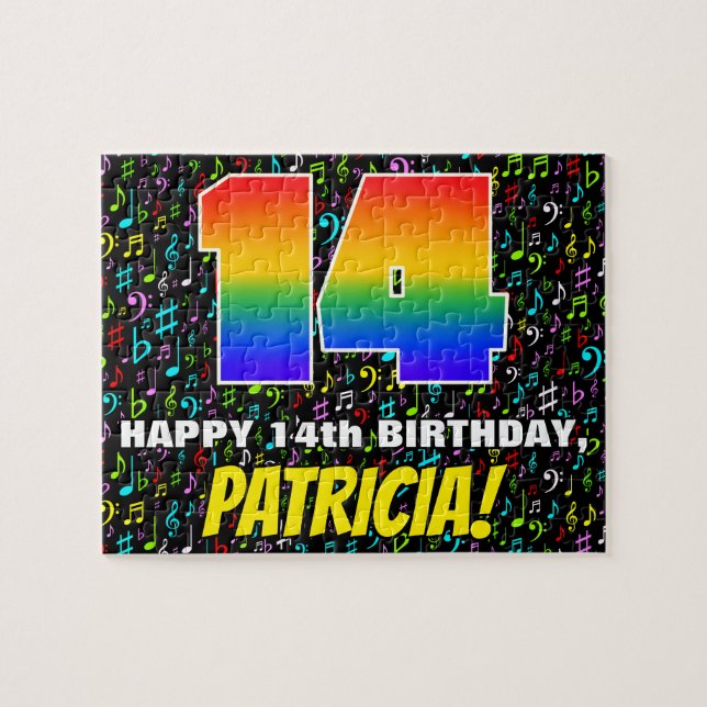 14th Birthday — Fun, Colourful Music Symbols & “14 Jigsaw Puzzle (Horizontal)