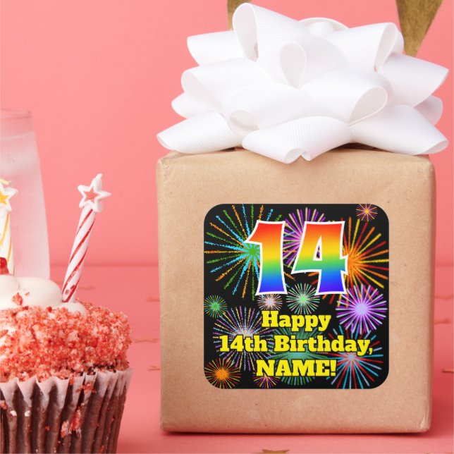 14th Birthday: Fun Fireworks Look, Rainbow # 14 Square Sticker (Party)