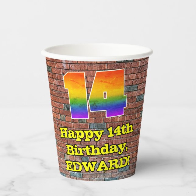 14th Birthday: Fun Graffiti-Inspired Rainbow 14 Paper Cups (Front)