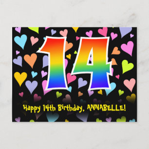 14th Birthday: Fun Hearts Pattern, Rainbow 14 Postcard