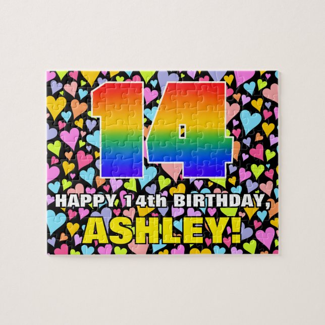 14th Birthday — Fun, Loving Heart Shapes + “14” Jigsaw Puzzle (Horizontal)