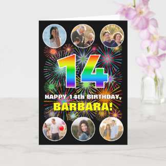14th Birthday: Fun Rainbow #, Custom Name & Photos Card
