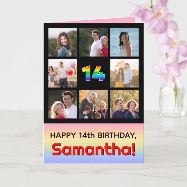 14th Birthday: Fun Rainbow #, Custom Photos + Name Card (Orchid)