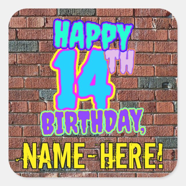 14th Birthday – Fun, Urban Graffiti Inspired Look Square Sticker (Front)