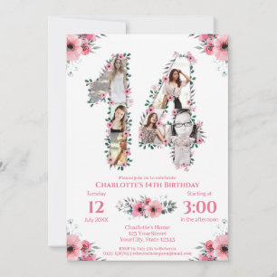 14th Birthday Girl Photo Collage Pink Flower White Invitation