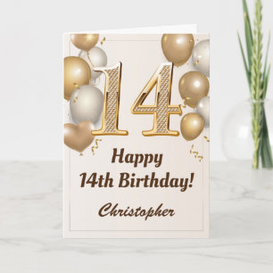 14th Birthday Gold Balloons and Confetti Birthday Card