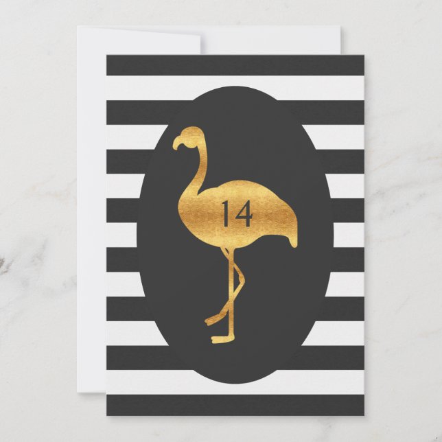 14th Birthday Gold Flamingo Black White Stripes Invitation (Front)