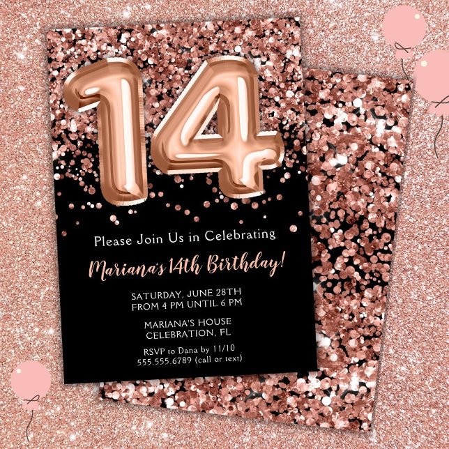 14th Birthday Invitation Black Rose Gold Glitter (Creator Uploaded)
