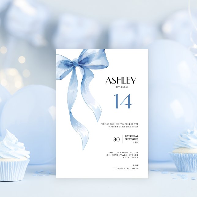 14th Birthday Invitation Blue Bow for Girls (Blue bow coquette 14th birthday invitation for girls)