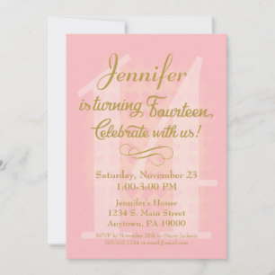 14th Birthday Invitation Girls Pink Gold Hearts