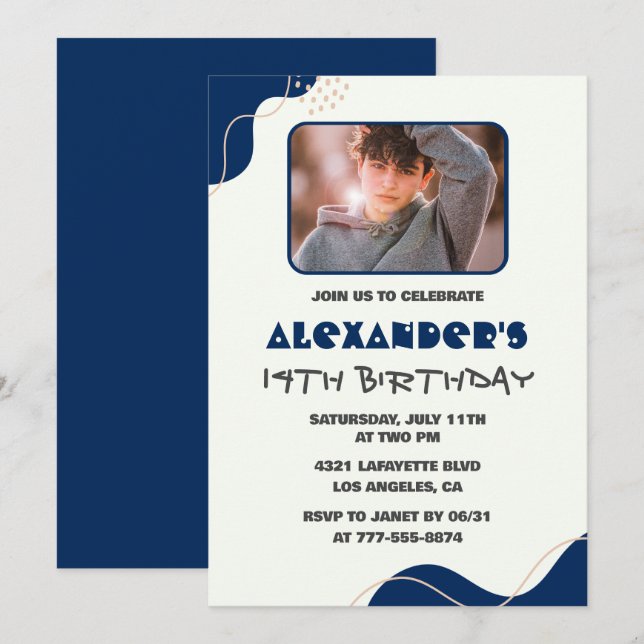 14th birthday invitations Boy Navy Simple Photo (Front/Back)