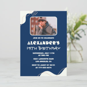 14th birthday invitations Boy Photo Simple Navy 