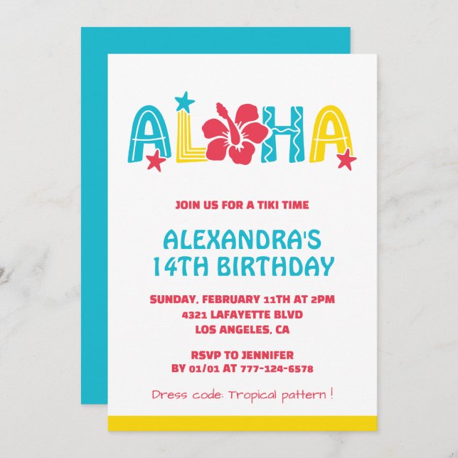 14th birthday invitations Tropical Aloha Hawaiian (Front/Back)