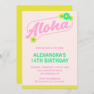 14th birthday invitations Tropical Aloha Pink