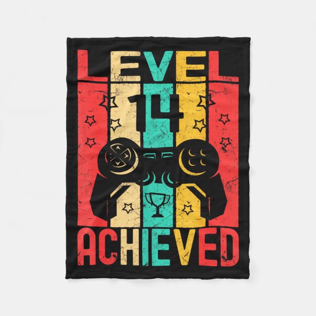 14th Birthday Level 14 Achieved Gamer Funny Birthd Fleece Blanket (Front)