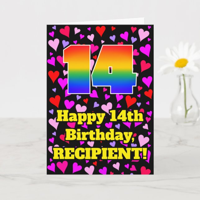 14th Birthday: Loving Hearts Pattern, Rainbow # 14 Card (Small Plant)