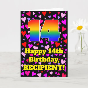 14th Birthday: Loving Hearts Pattern, Rainbow # 14 Card