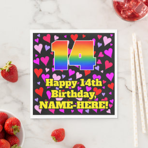 14th Birthday: Loving Hearts Pattern, Rainbow # 14 Napkin