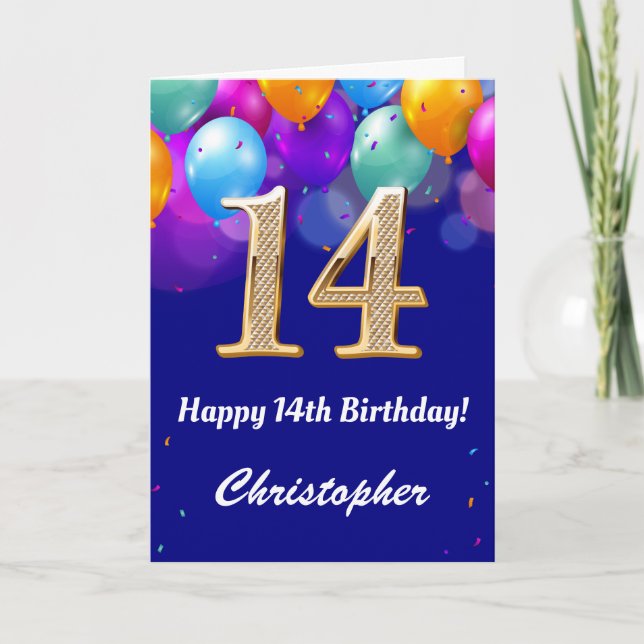14th Birthday Navy Blue and Gold Colourful Balloon Card (Front)