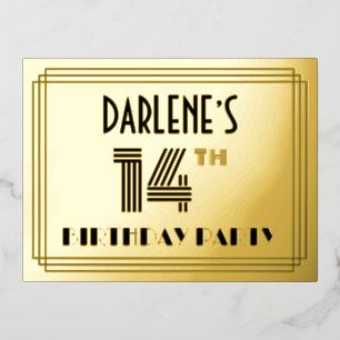 14th Birthday Party ~ Art Deco Style “14” + Name Foil Invitation Postcard