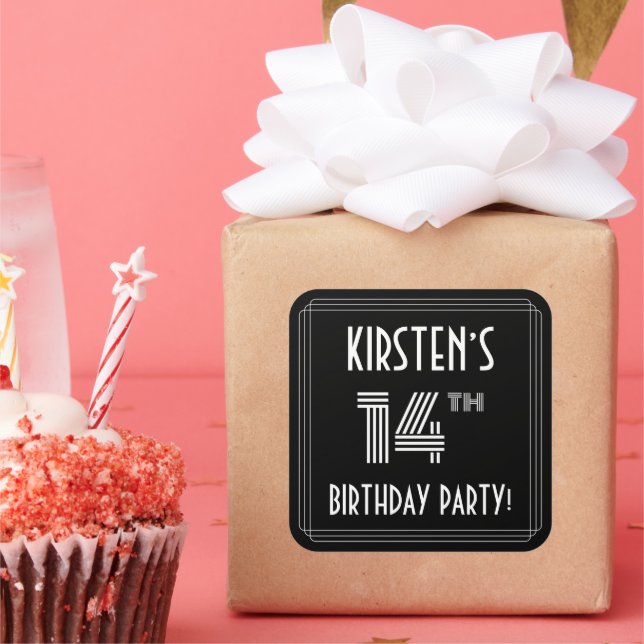14th Birthday Party: Art Deco Style & Custom Name Square Sticker (Party)