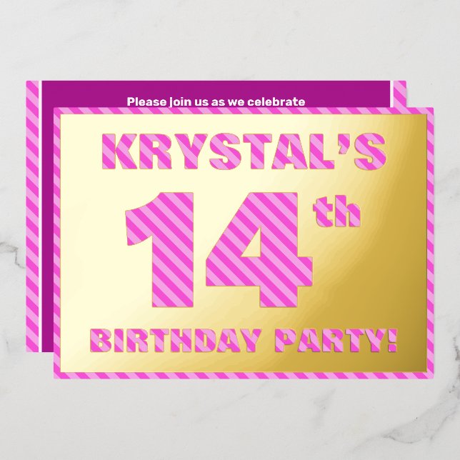 14th Birthday Party — Bold, Fun, Pink Stripes # 14 (Front/Back)