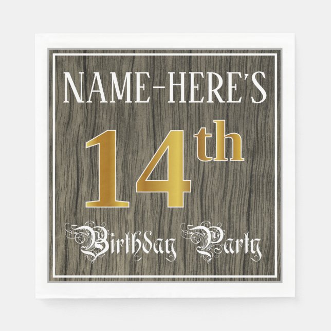 14th Birthday Party — Faux Gold & Faux Wood Looks Napkin (Front)