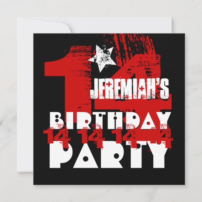 14th Birthday Party Grunge RED and BLACK Z14A1 Invitation (Front)