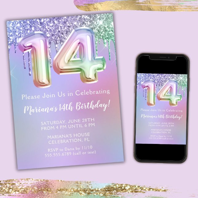 14th Birthday Party Invitation Purple Pink Glitter (Creator Uploaded)