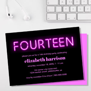 14th Birthday Party Pink Neon Lights Invitation