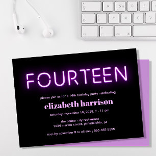 14th Birthday Party Purple Neon Lights Invitation