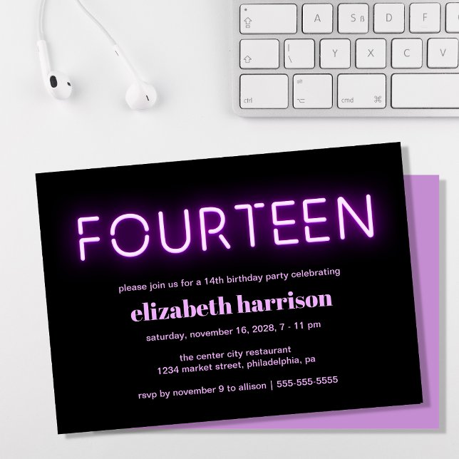 14th Birthday Party Purple Neon Lights Invitation (Creator Uploaded)