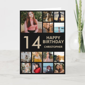 14th Birthday Photo Collage 13 Photos Black & Gold Card
