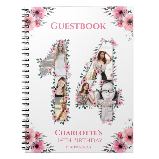14th Birthday Photo Collage Pink Flower Guest Book (Front)