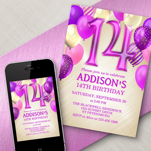 14th Birthday Pink Balloons Invitation (Creator Uploaded)