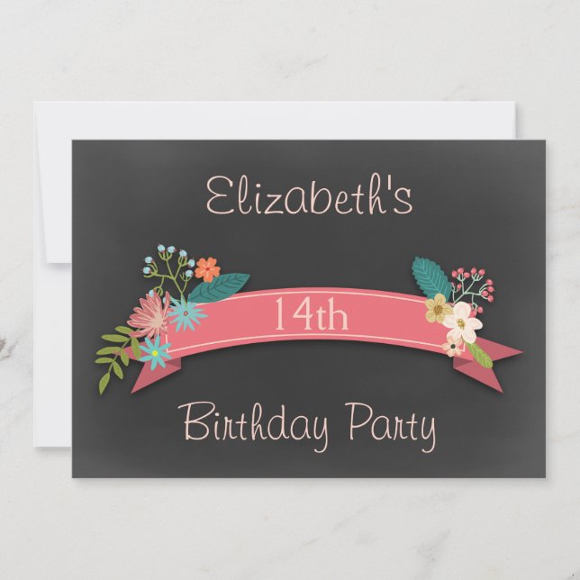 14th Birthday Pink Banner Flowers Chalkboard Invitation (Front)