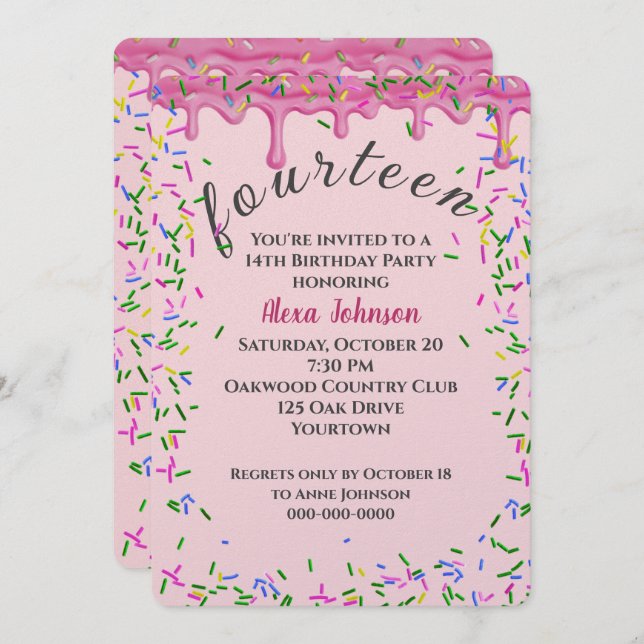 14th Birthday Pink Icing And Sprinkles Invitation (Front/Back)