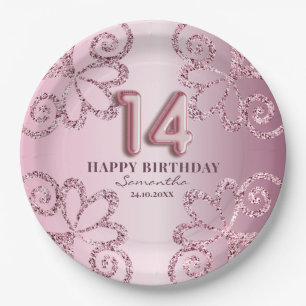 14th Birthday Pink Princess Glitter Balloon Script Paper Plate