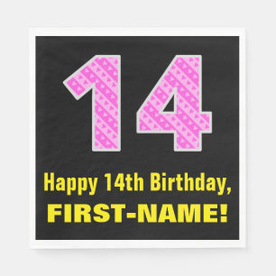 14th Birthday: Pink Stripes and Hearts "14" + Name Napkin